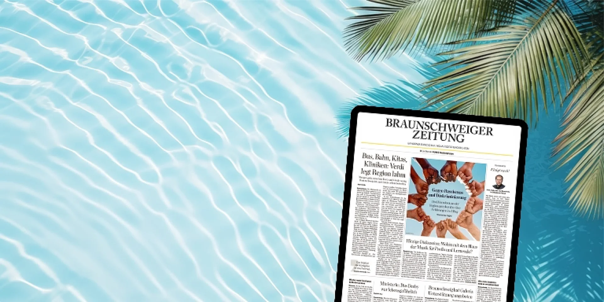 E-Paper. Tablet mit Titelseite auf dem Display.