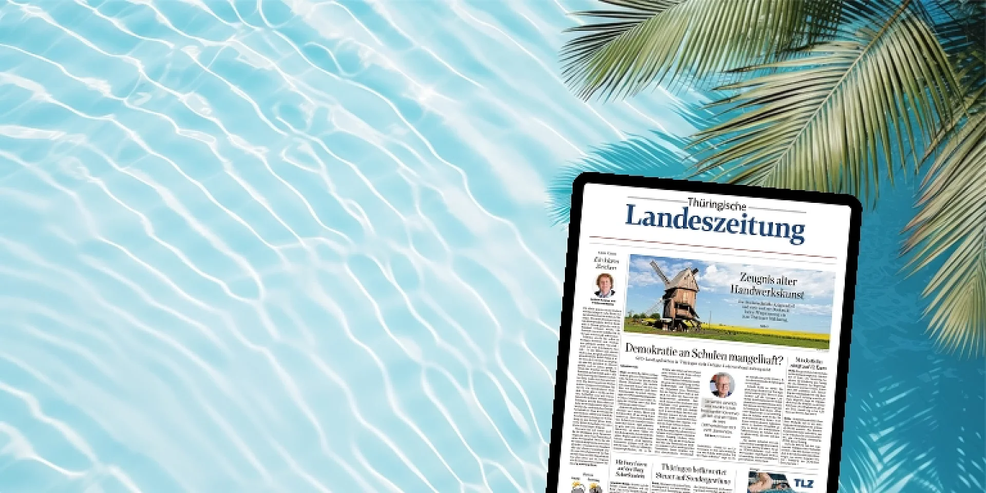 E-Paper. Tablet mit Titelseite auf dem Display.