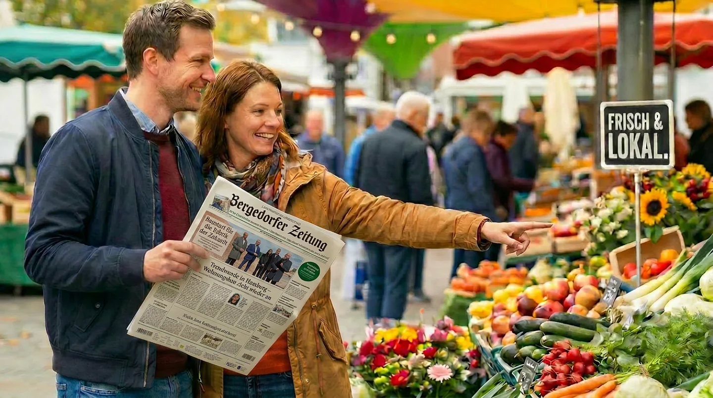 Paar hält Zeitung und kauft Obst und Gemüse auf Wochenmarkt mit 'Frisch & Lokal'-Schild