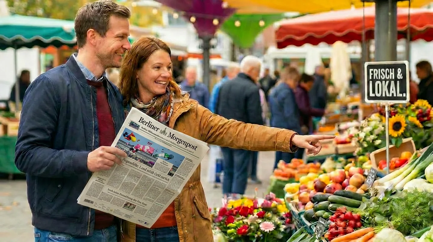 Paar hält Zeitung und kauft Obst und Gemüse auf Wochenmarkt mit 'Frisch & Lokal'-Schild