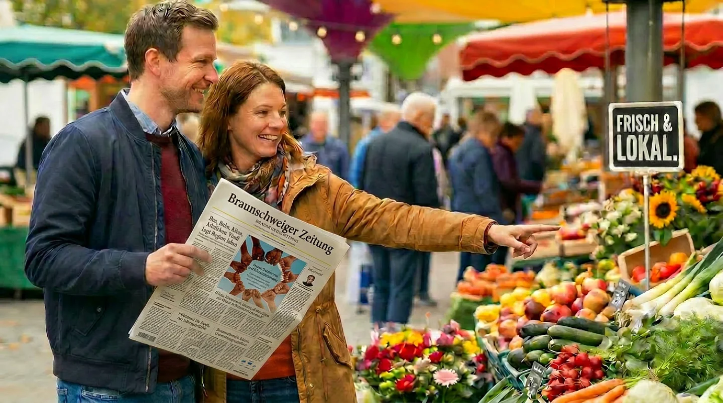 Paar hält Zeitung und kauft Obst und Gemüse auf Wochenmarkt mit 'Frisch & Lokal'-Schild