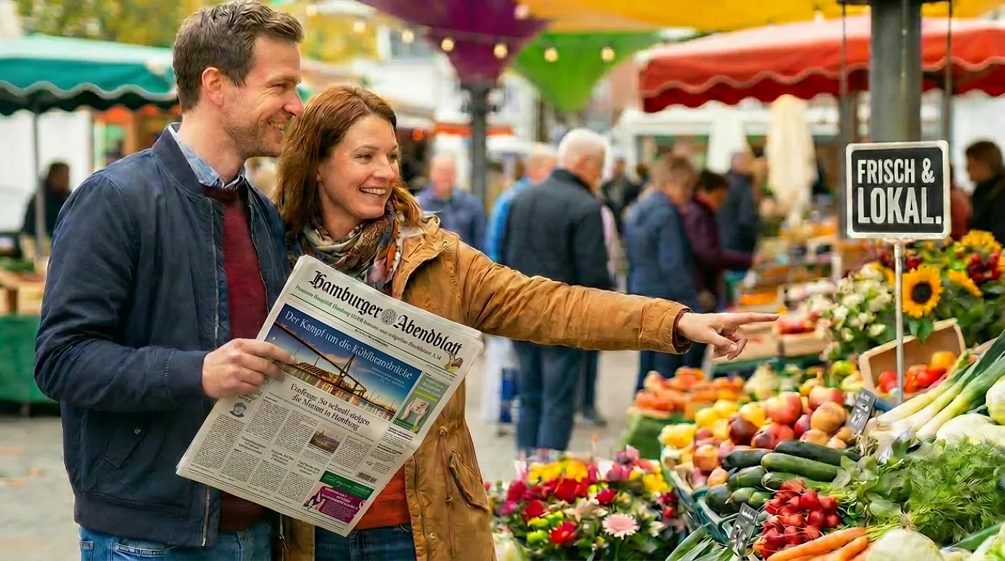 Paar hält Zeitung und kauft Obst und Gemüse auf Wochenmarkt mit 'Frisch & Lokal'-Schild