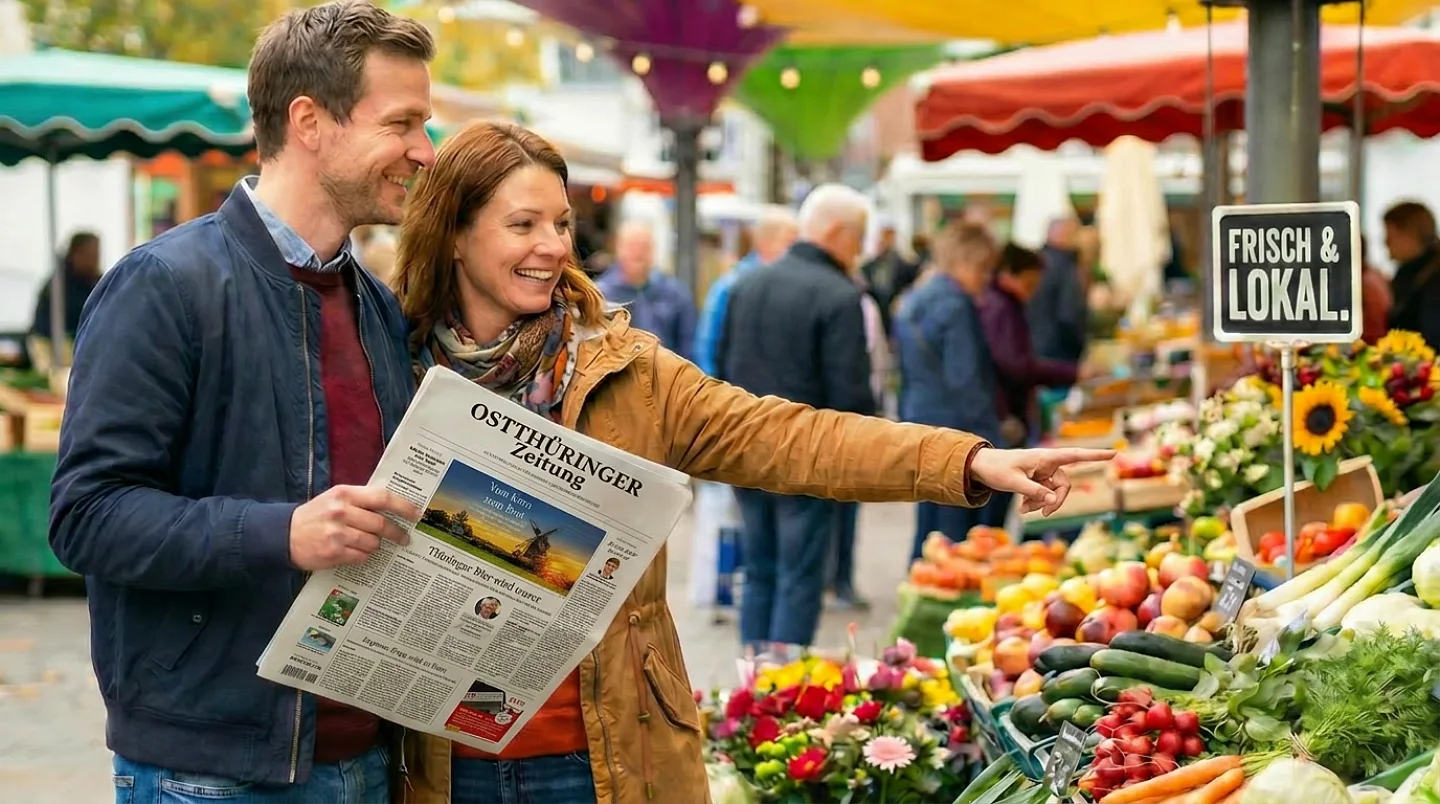Paar hält Zeitung und kauft Obst und Gemüse auf Wochenmarkt mit 'Frisch & Lokal'-Schild