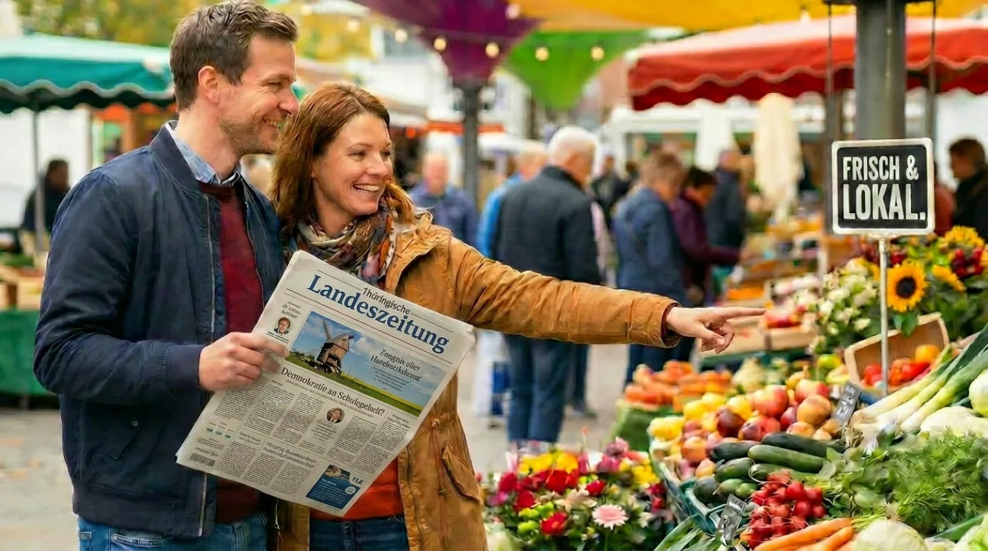 Paar hält Zeitung und kauft Obst und Gemüse auf Wochenmarkt mit 'Frisch & Lokal'-Schild