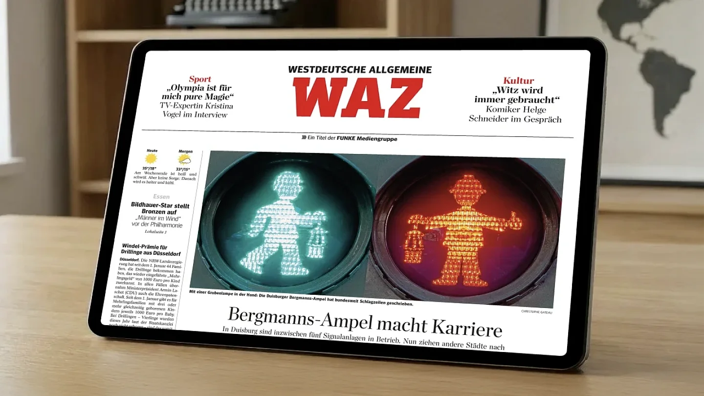 Titelseite der Westdeutschen Allgemeinen Zeitung mit Artikeln über Sport, Kultur und die Bergmanns-Ampel
