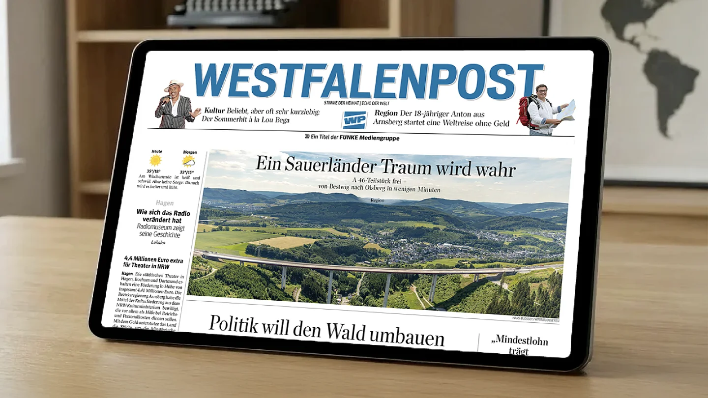 Titelseite der Westdeutschen Allgemeinen Zeitung mit Artikeln über Sport, Kultur und die Bergmanns-Ampel
