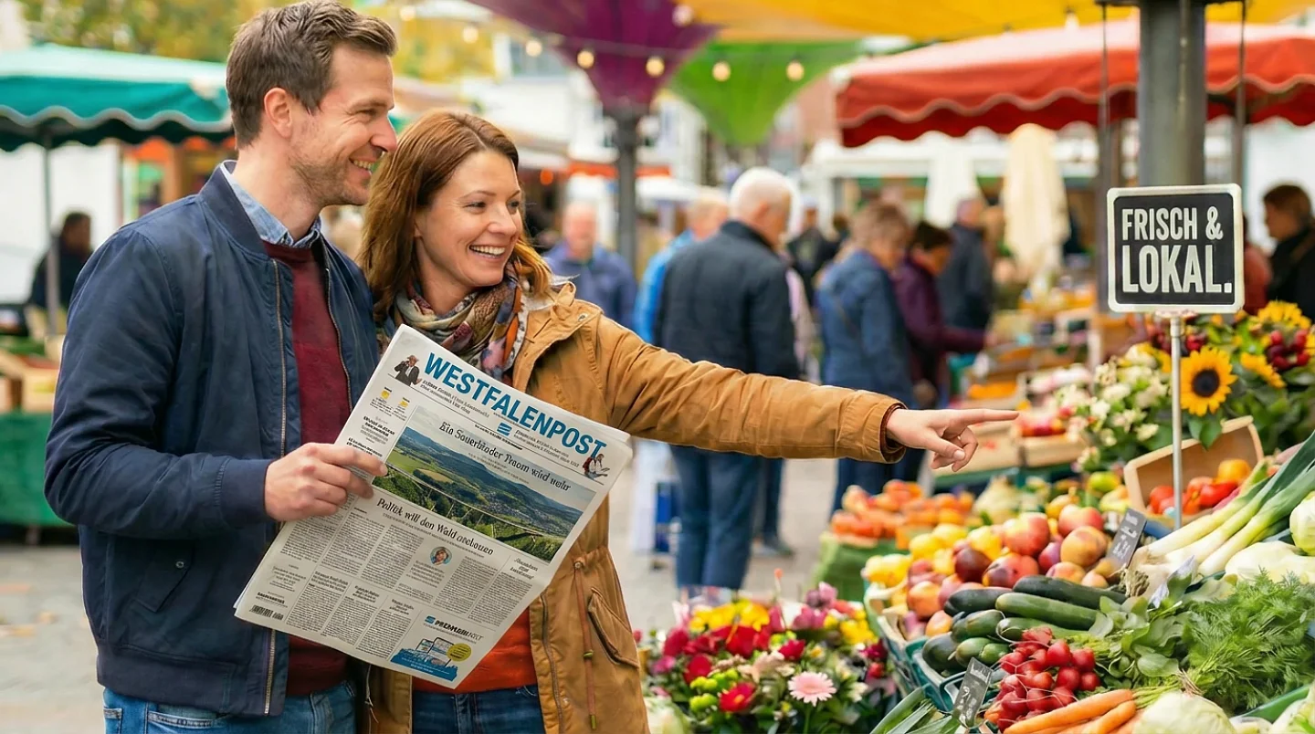 Paar hält Zeitung und kauft Obst und Gemüse auf Wochenmarkt mit 'Frisch & Lokal'-Schild