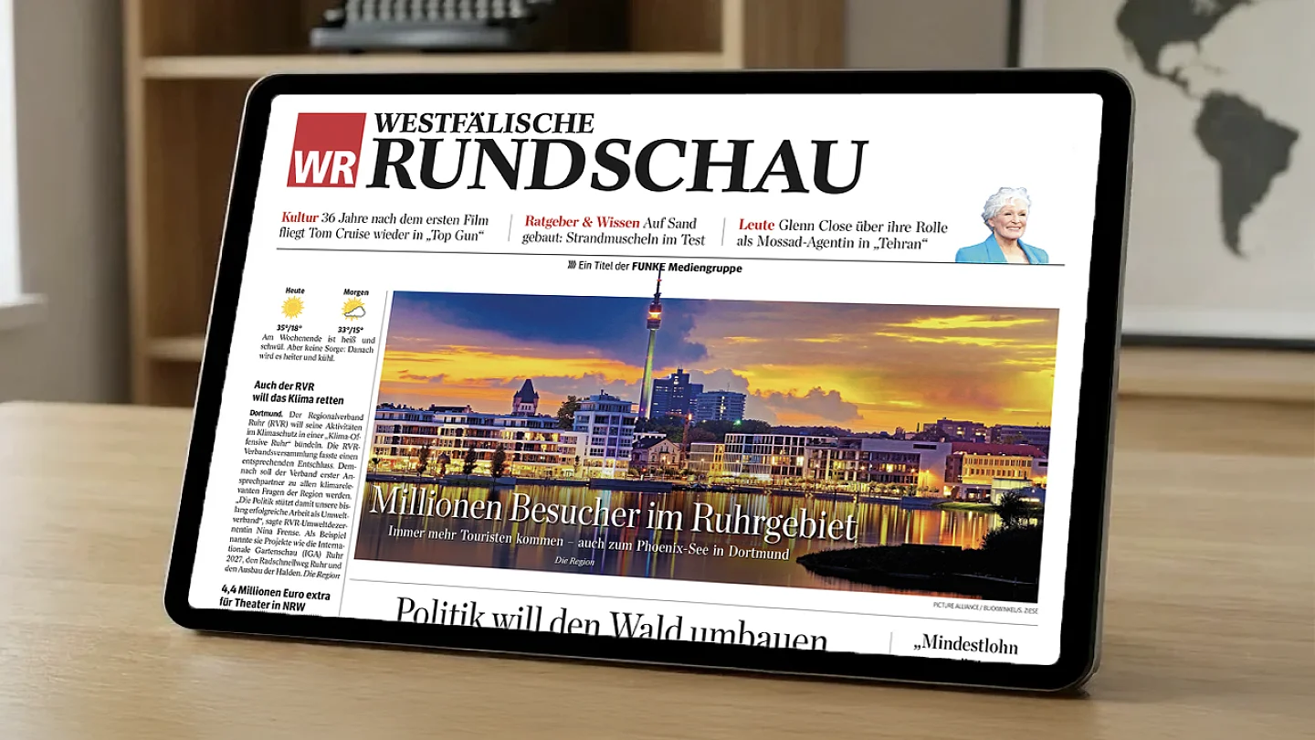Titelseite der Westdeutschen Allgemeinen Zeitung mit Artikeln über Sport, Kultur und die Bergmanns-Ampel