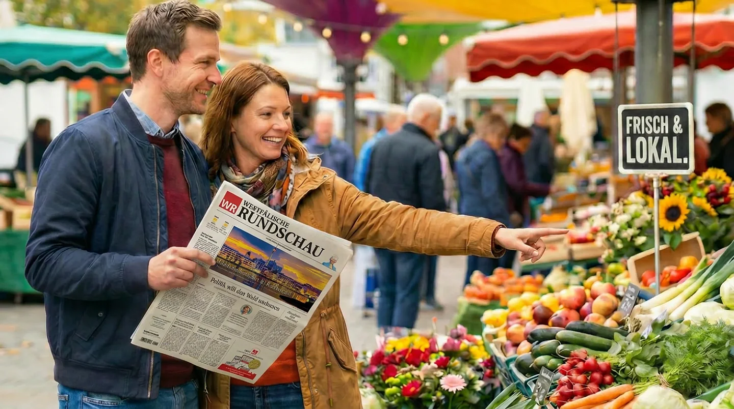 Paar hält Zeitung und kauft Obst und Gemüse auf Wochenmarkt mit 'Frisch & Lokal'-Schild