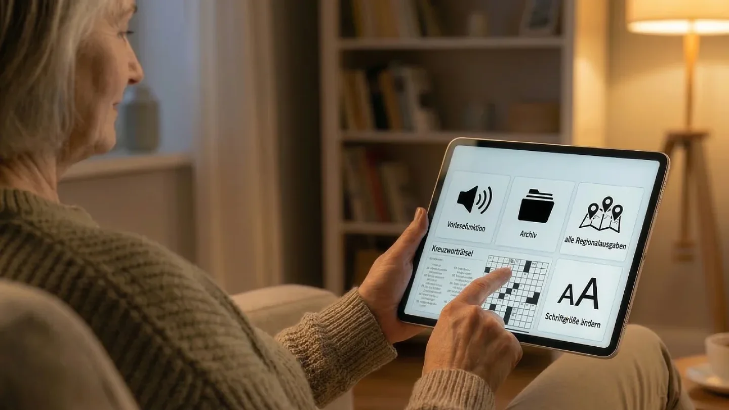 Ältere Frau sitzt im Wohnzimmer und löst Kreuzworträtsel auf Tablet mit weiteren Funktionen